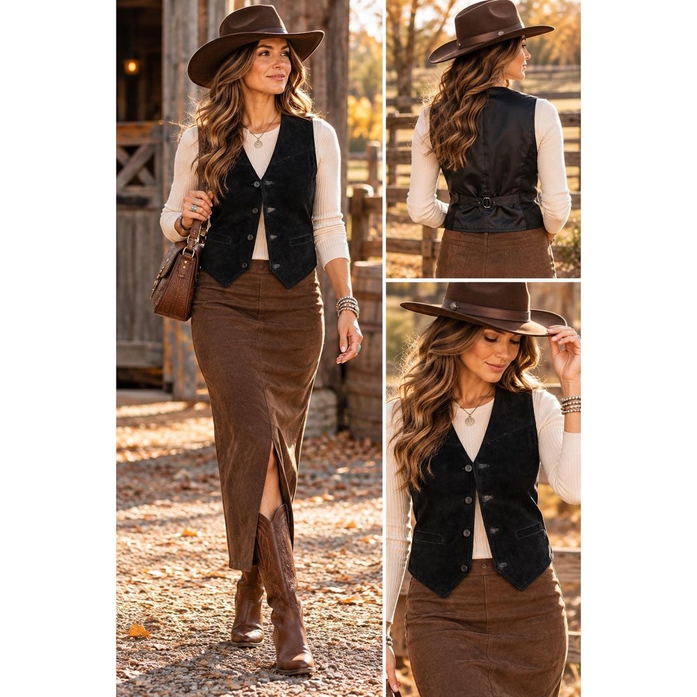 Wilsons Leather Black Suede Vest Womens Medium Western Boho Cinch Back V-Neck